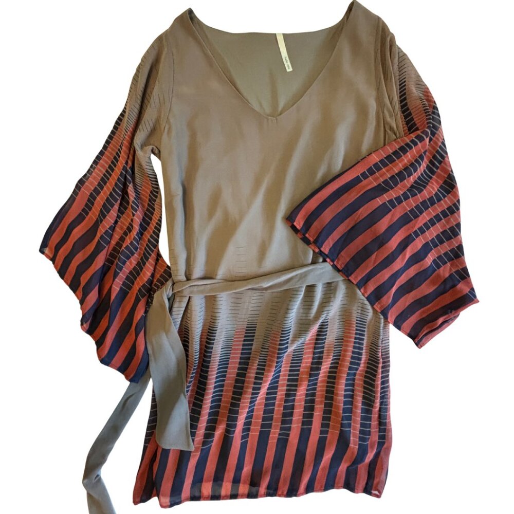 NWOT taupe & coral colored rayon sheath dress with full flowy sleeves L